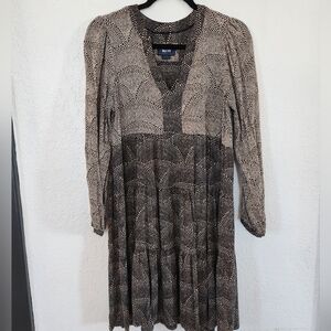 Anthropologie Maeve Brown Tan Patterned Mini Tier Dress Size M Boho Cottagecore
